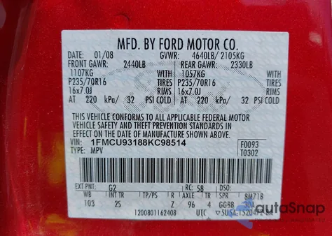 2008 Ford Escape Xlt из США, поврежденный, VIN 1FMCU93188KC98514